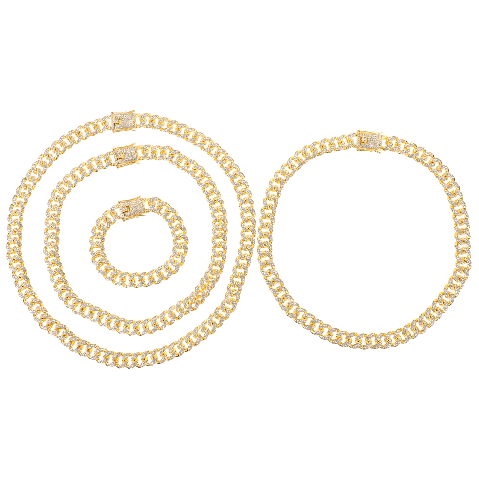 

4pcs Rhinestone Studded Link Chain Necklace Bracelet Set 20cm 45cm 50cm 60cm Shiny Hip Hop Jewelry for Men Women