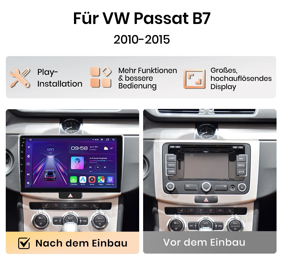 Android Autoradio für VW Passat B6 B7 CC 2010-2015, Apple CarPlay Multimedia