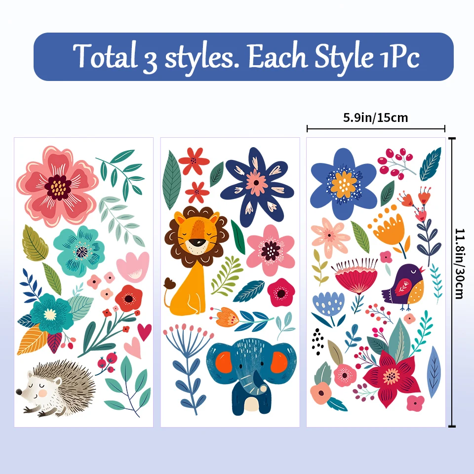 3 PCS Cartoon Flowers Animal Theme Transfer Stickers Suitable for Furniture Decoration, Wall Art Stickers Bedroom Life