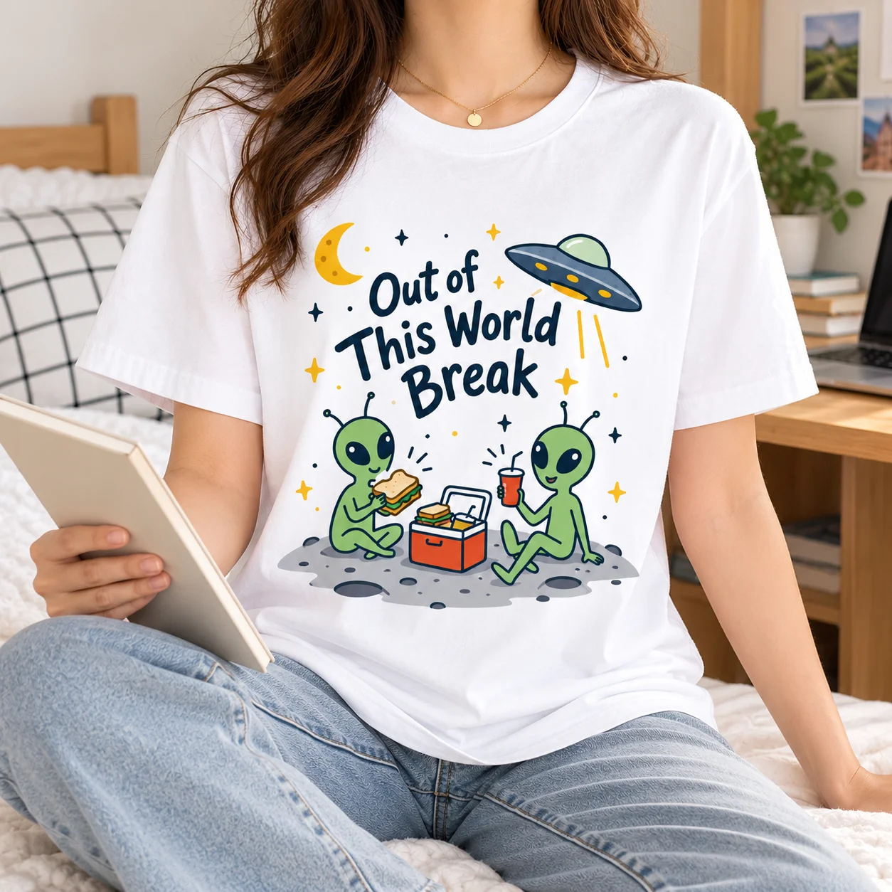 100% Heavyweight Cotton Women T-Shirt Out Of This World Break Alien UFO Print Y2K Oversized Casual Streetwear Tee Clothes