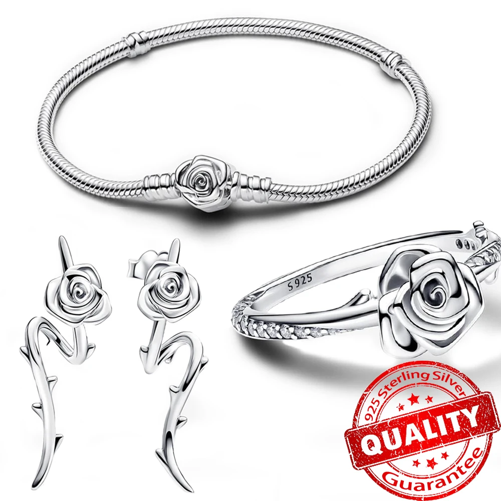 

Romantic 925 Sterling Silver Rose in Bloom Ring & Flower Clasp Snake Chain Bracelet & Earrings Girl Party Jewelry Set Gift