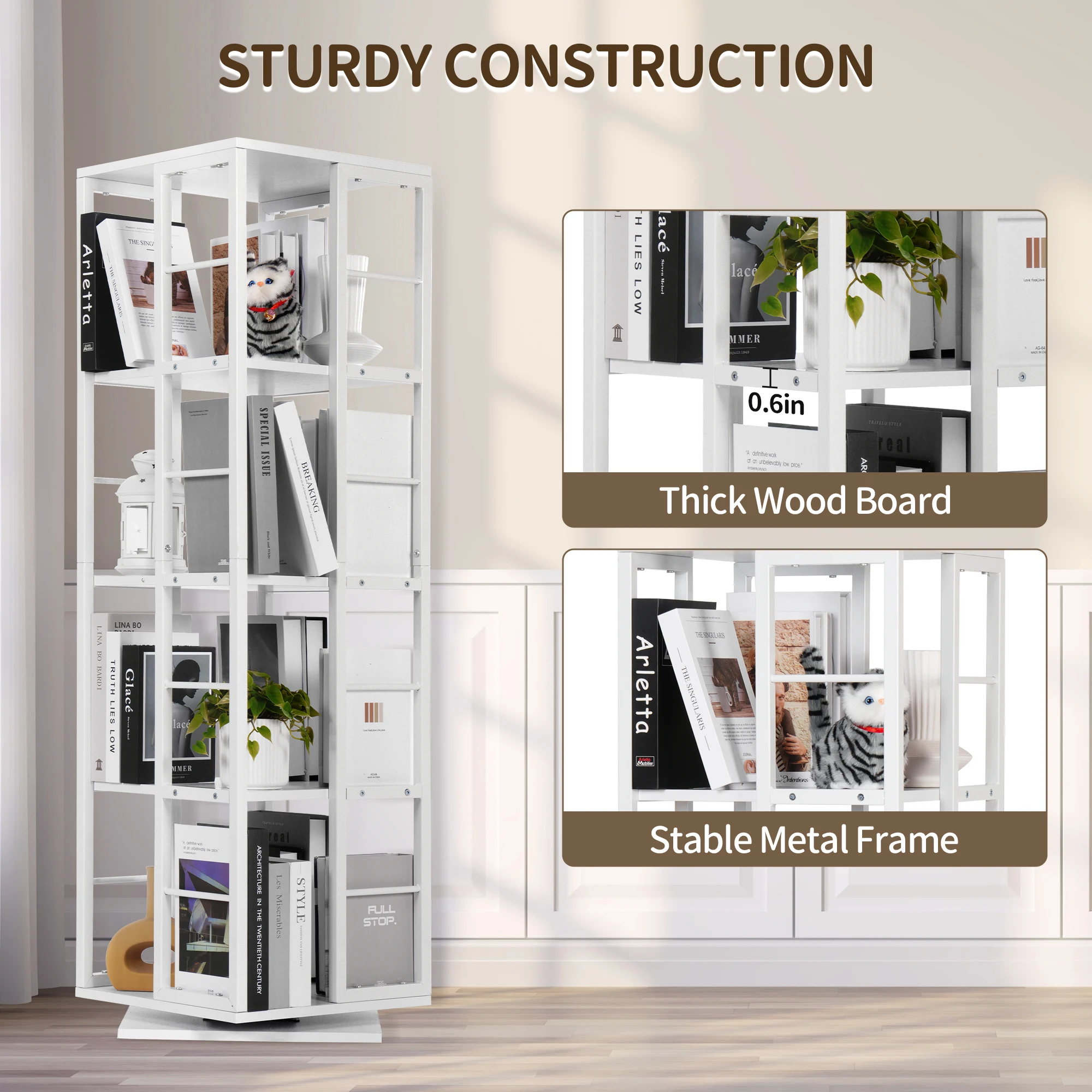 

Вращающаяся книжная полка Rengue, 4-уровневый вращающийся на 360 градусов книжный шкаф, вращающаяся книжная полка, квадратная угловая книжная полка, органайзер, стеллаж для хранения