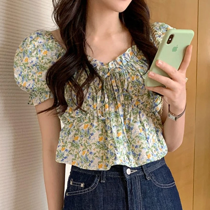 French Style Chic Pleated Slim Belt Blouse Lady Clothes Fashion Floral Short Tops Summer New Short Sleeve Shirt for Women Blusas