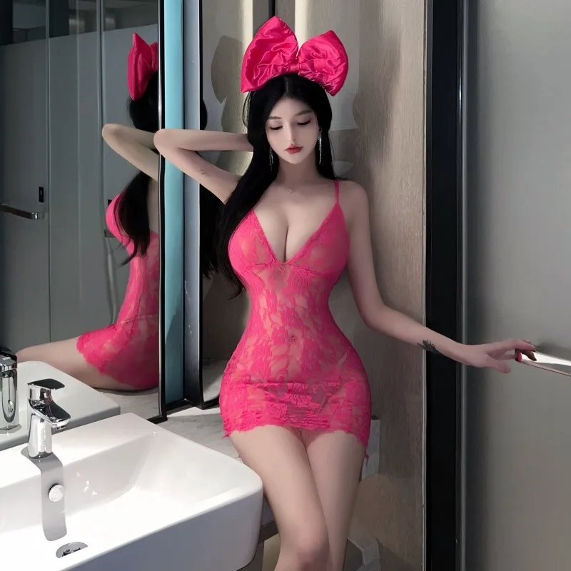

Fashion Style Sheer Mesh Low-Cut Camisole Nightdress for Women Sexy Slimming Embroidered Bodycon Nightgown