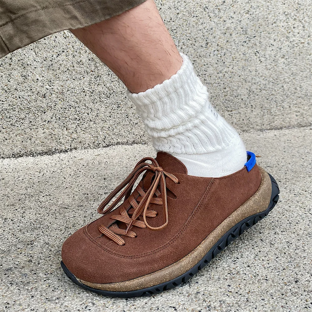 Retro Japanese Half Top Shoes for Men Thick Bottom Cow Anti Velvet Baotou Slippers Round Toe Lace Up Solid Color Casual Shoes
