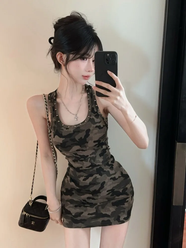 Sexy American Retro Spicy Girl Short Dress Slimming Camouflage Print Bodycon Skirt Sleeveless Vest Skirt Commute Korean Style