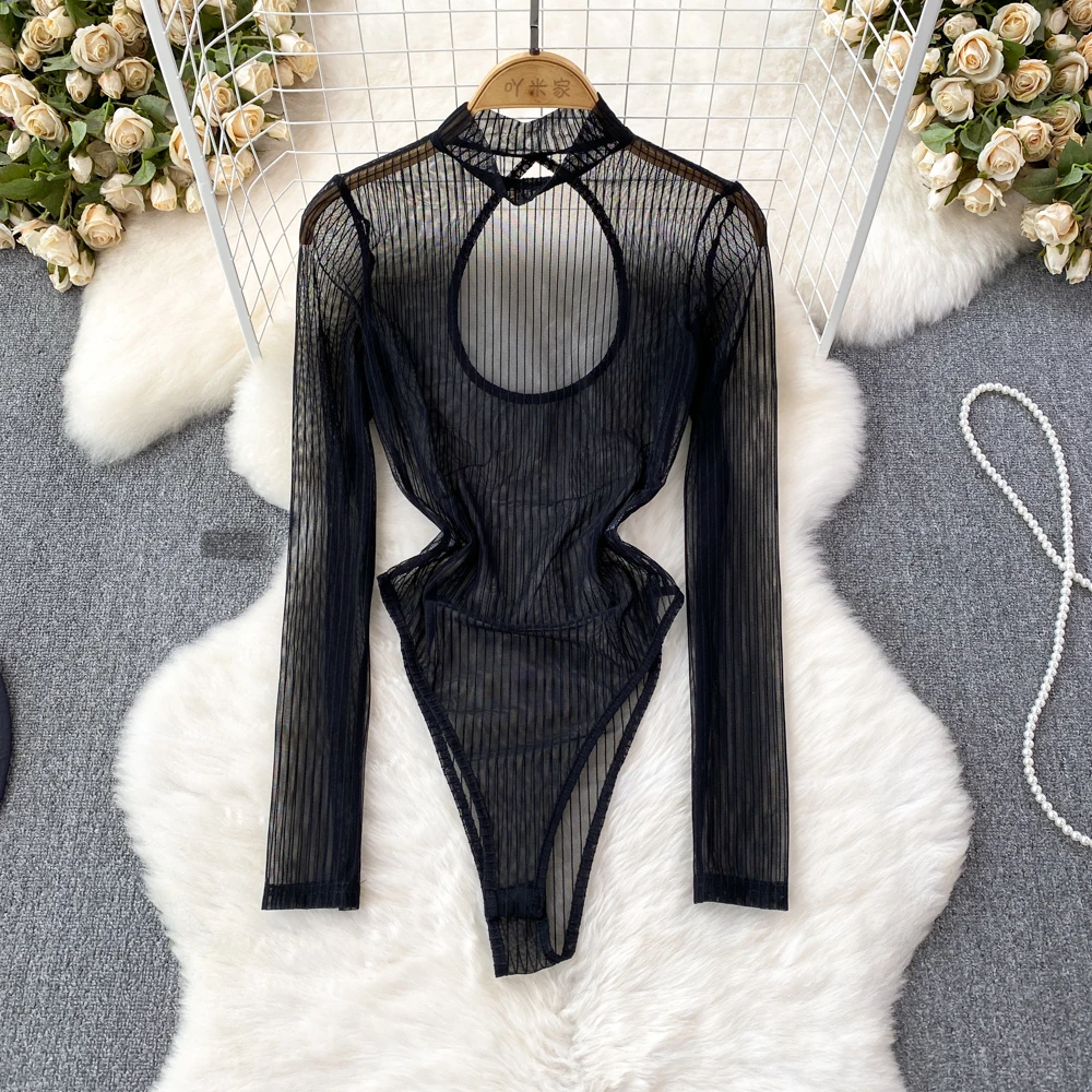 Autumn Fashion Sexy Long Sleeve Chest Hollow Mesh Bodysuit Black Jumpsuit Women's Casual  Stand Neck Europe Style Bottom Top