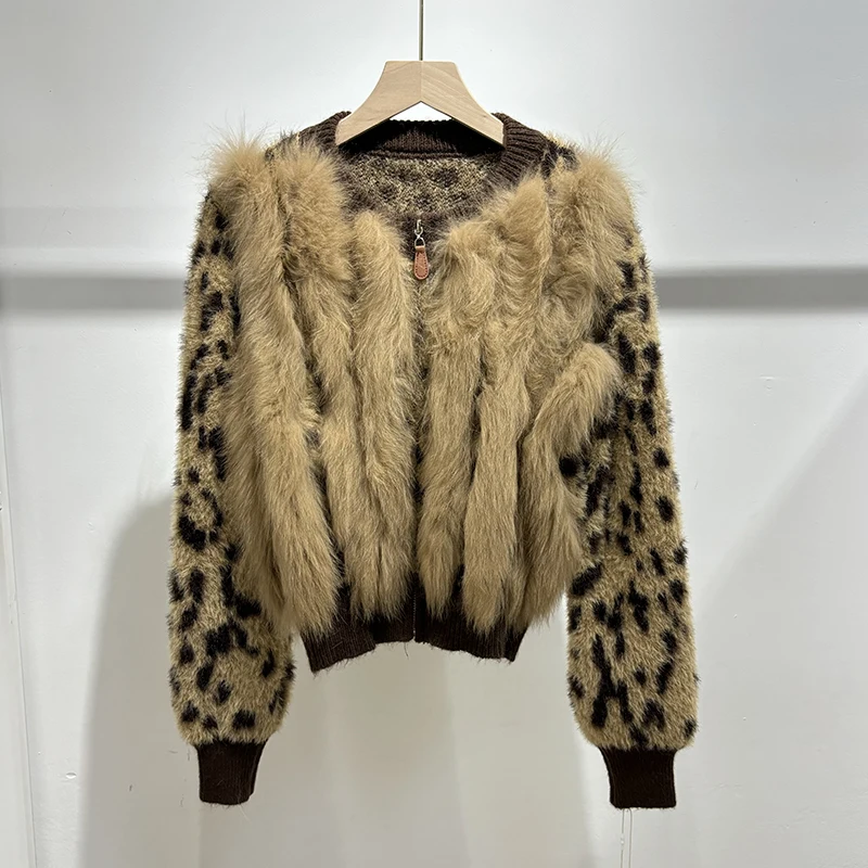 Women Winter Fashion Leopard Pattern Fluffy Thick Sweater Natural Fox Fur Hairy Girl's Autumn Sweater Knitted Long Sleeve Coat