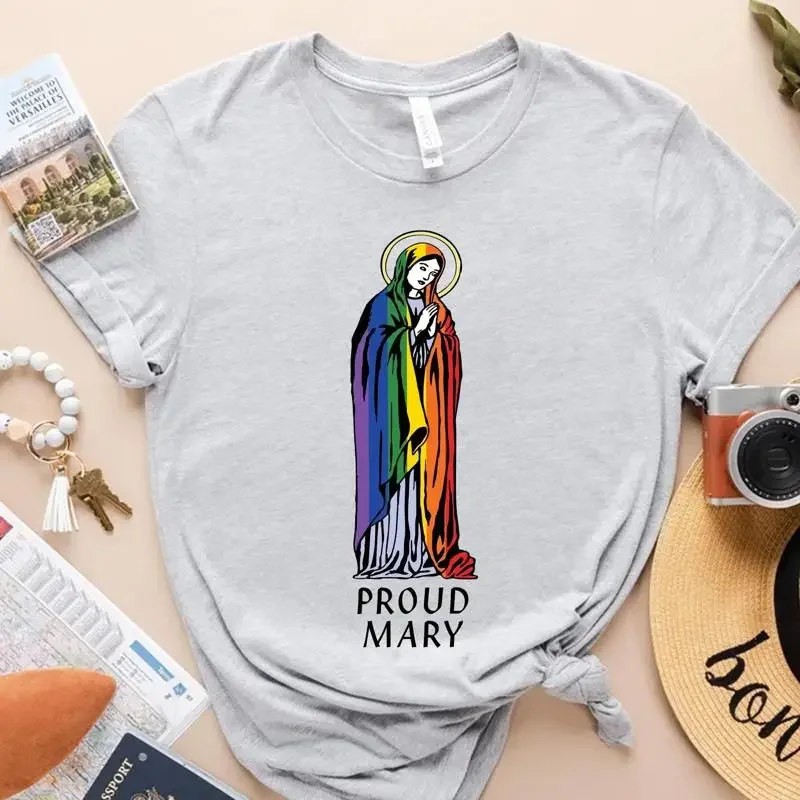 Proud Mary T Shirt LGBTQ Rainbow Virgin Inclusive Catholic Pride Religious Equality Spiritual Apparel