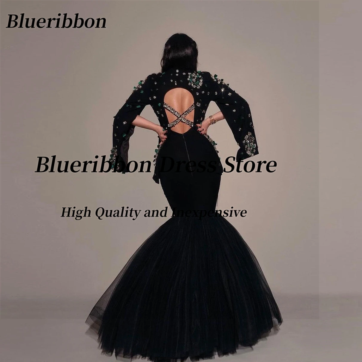 Blueribbon Celebrity Women Wear Sexy Backless Long Mermaid Evening Dresses Handmade Crystals Jackets Pageant Party Prom Gowns