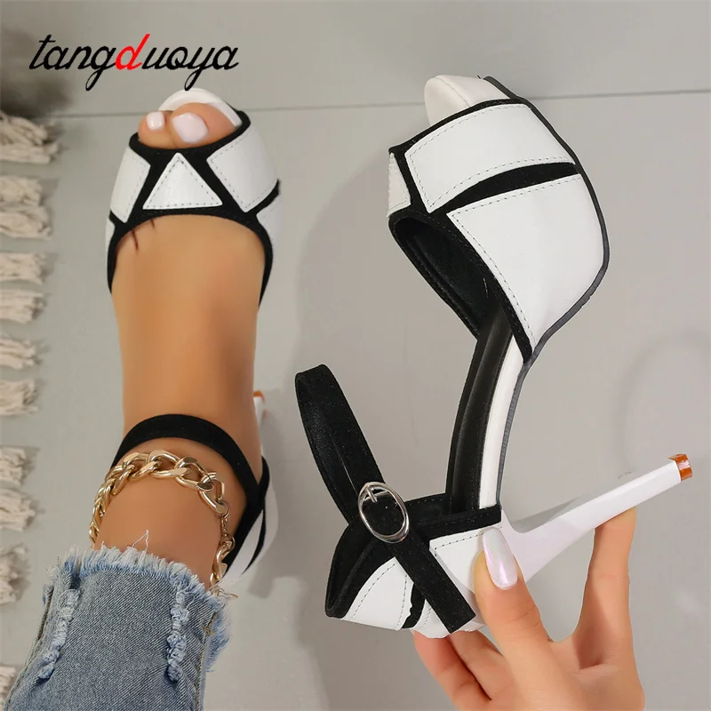 New 2024 Summer Black Chunky Heel Stiletto Open Toe Waterproof Platform Buckle High Heel Women\'s Sandals White Shoes