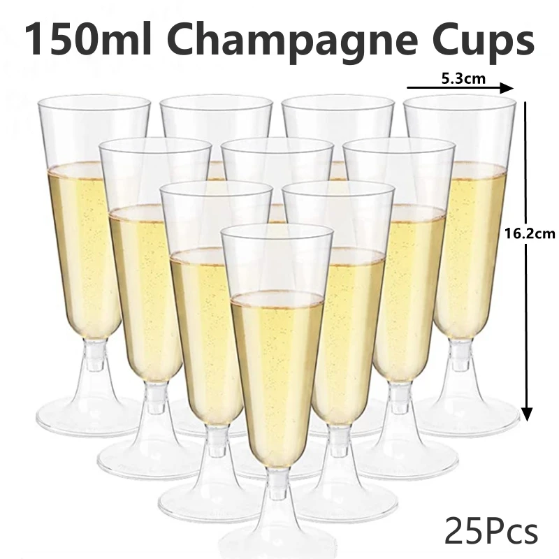 Vasos desechables de 150ml, 25 uds., vasos para barra de champán espumosos, flautas de champán de plástico, vasos para tostar transparentes para fiestas de bodas