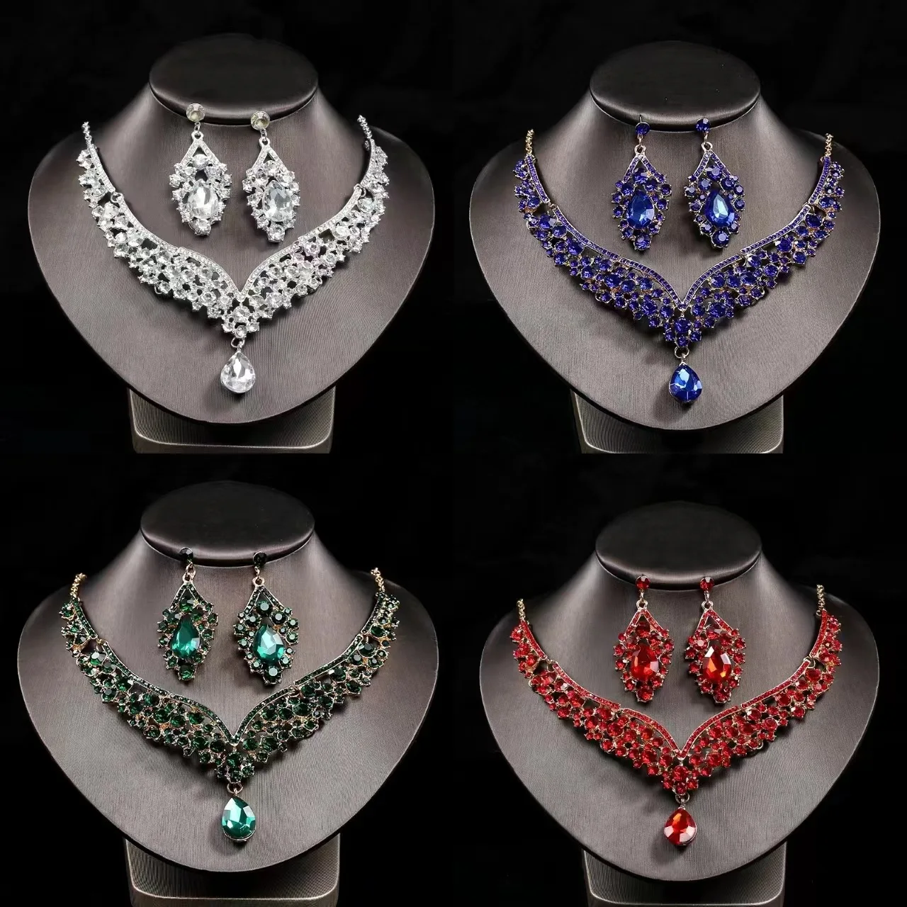 

Wind Bride Two-piece Set of Accessories Versatile Necklace Set Alloy Water Crystal Earrings Necklace Women