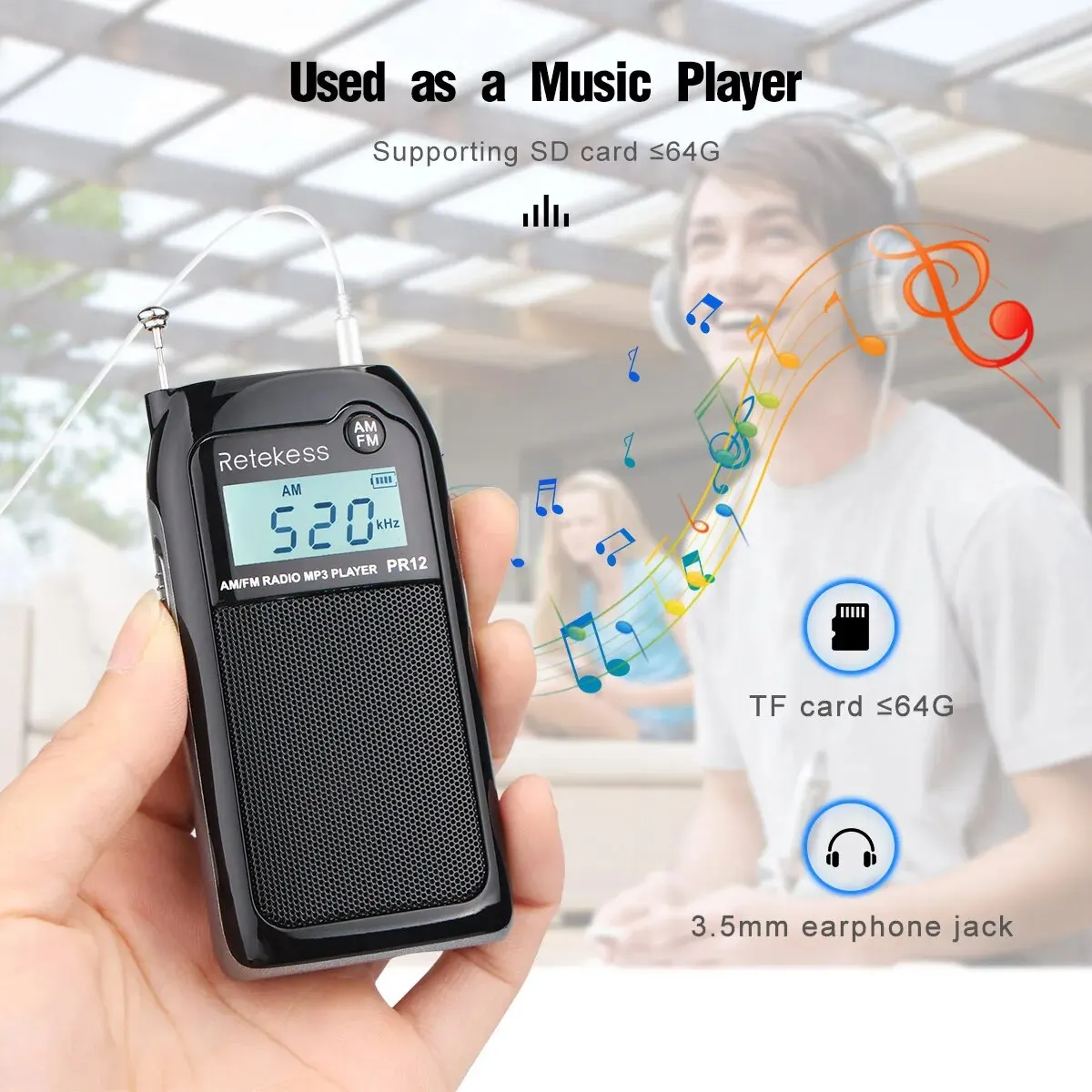 RETEKESS PR12 Radio FM AM Mini Pocket Radio MP3 Portable Receiver Backlit Display Digital Stereo Support TF Card For Elderly