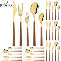 6 People Imitation Wooden Handle Cutlery Set Brown Gold Dinnerware Set Knife Fork Small Spoon Tableware Stainless Steel Flatware