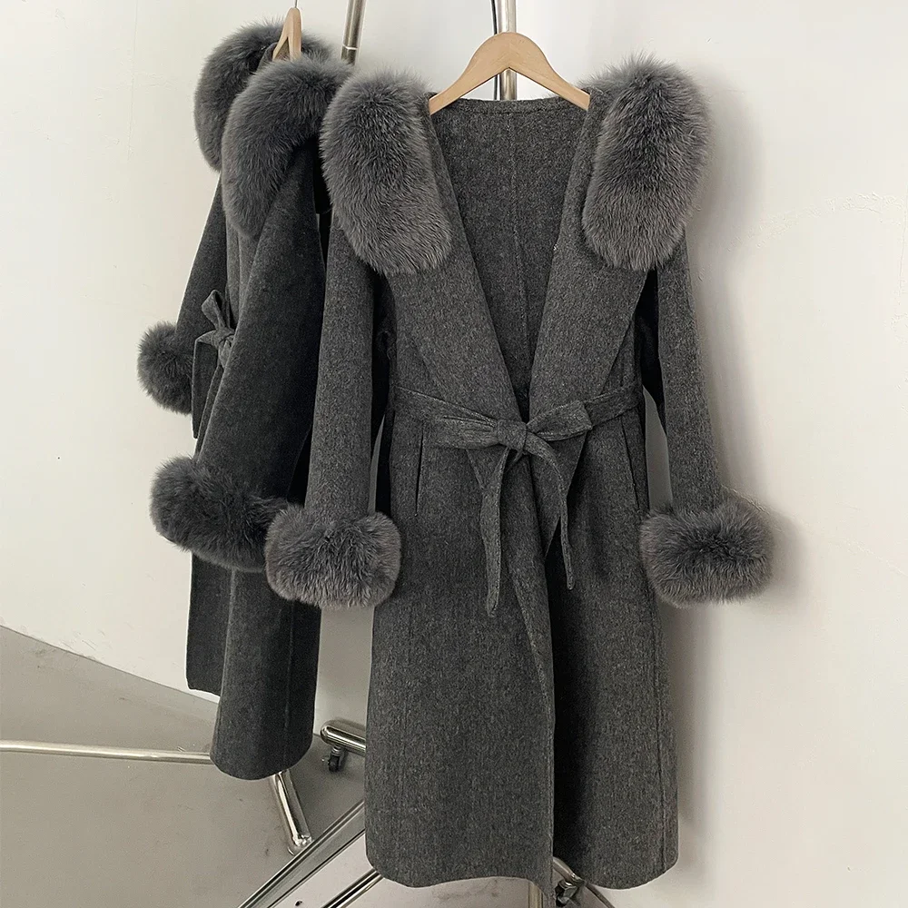 OFTBUY Neuer Winter Warmer Kapuzenmantel aus Einfarbigem Wollstoff für Damen Langer Wollmantel mit Echtem Fuchspelz-Gürtel an der Taille Damenjacke – Detail 13