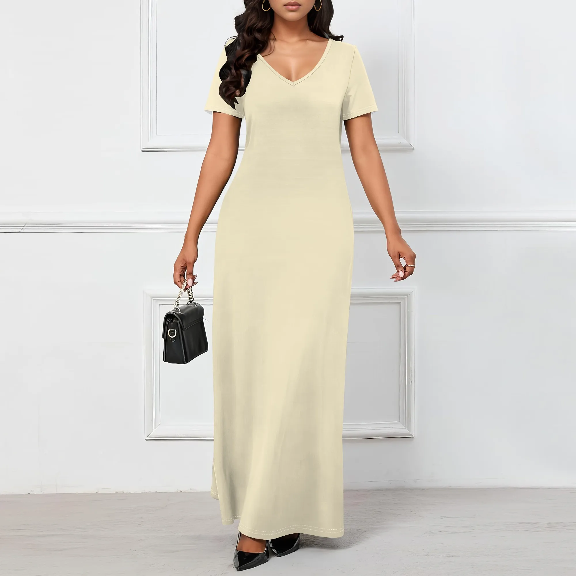 レディースカジュアル半袖セクシーVネック無地Tシャツマキシ丈ワンピース夏ビーチスイングサンドレスポケット付き