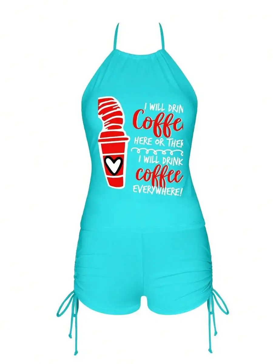 

Womens Coffee Graphic Tankini Set With Drawstring Shorts Modest Tummy Control Swimsuit