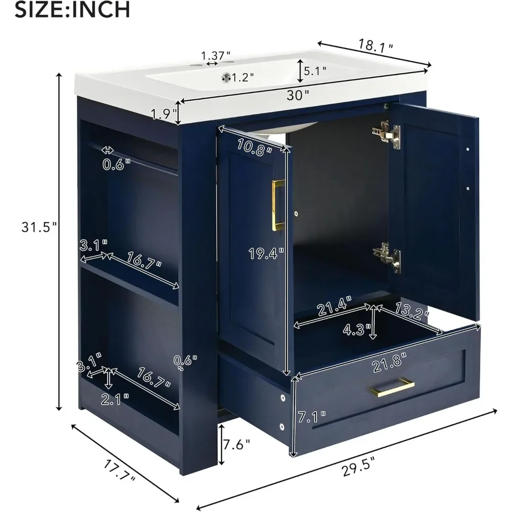 30'' Freestanding Bathroom Vanity with Single Sink, Solid Wood Bathroom Cabinet Frame with 2 Doors and A Drawer