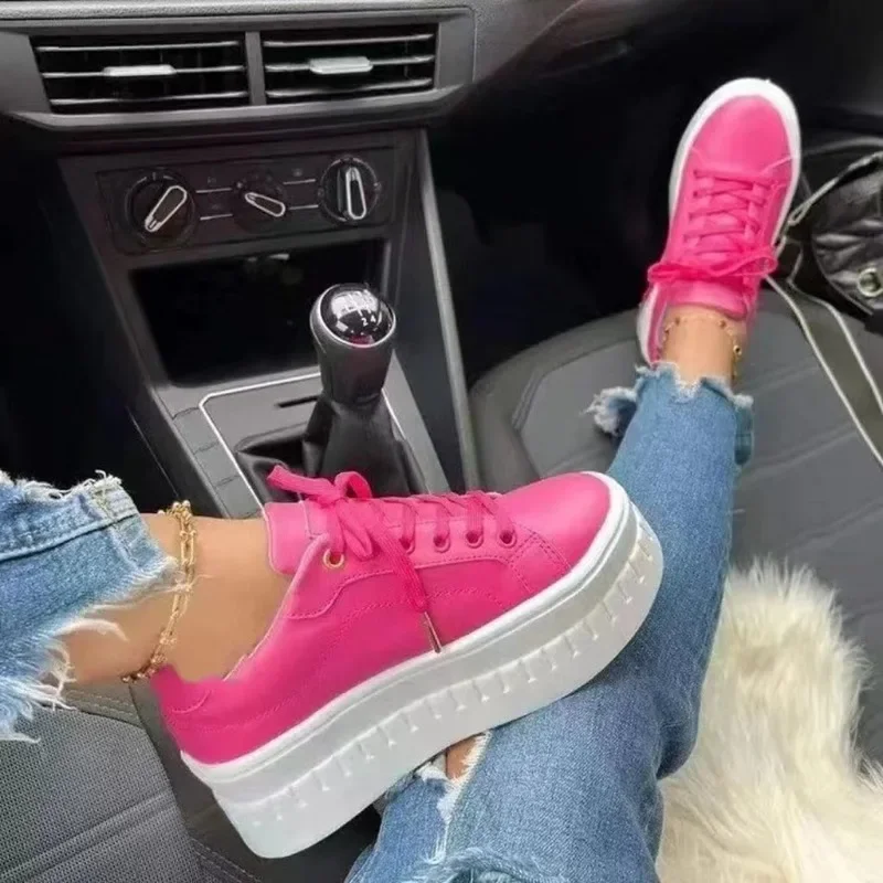 Women Leather Platform Shoes Fashion Solid Color Chunky Heel Sneakers Casual Flat Sports Shoes Designer Shoes Zapatillas Mujer