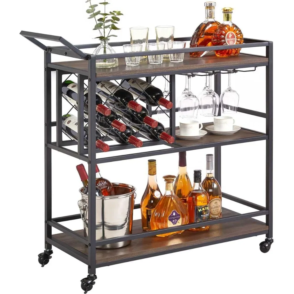 

Bar Carts for The Home with Wine Rack and Glasses Holder, Rustic Rolling Serving Cart on Wheels for Liquor and Alcohol