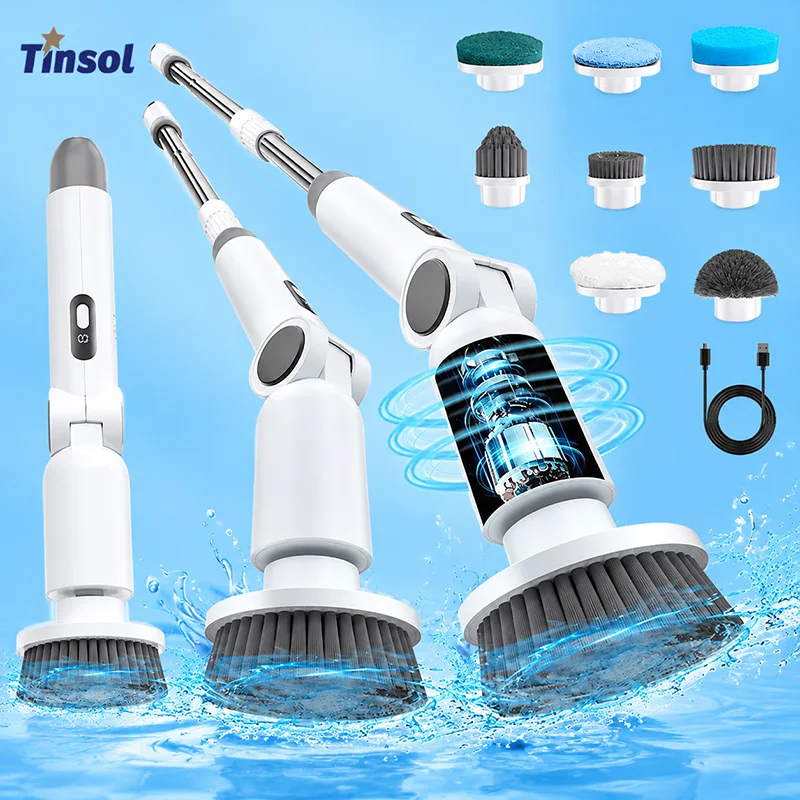 8-in-1 electric rotating cleaning brush, IPX7 waterproof, cordless adjustable telescopic squeegee, suitable for kitchen bathroom