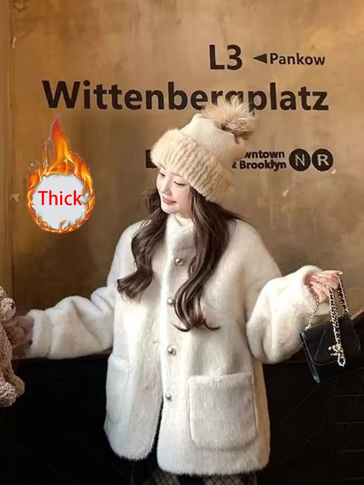 Leuke Faux Vos Jas Vrouwen Winter Zoete Lange Mouw Stand Kraag Jas Mode Zakken Koreaanse Single Breasted Elegante Uitloper Top