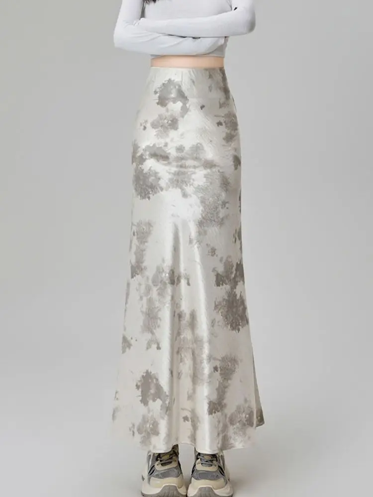 Elegantพิมพ์ผ้าไหมกระโปรงยาวผู้หญิง 2025 เกาหลีแฟชั่นY2kเสื้อผ้าFaldas Largas CasualสายสีดําMidiกระโปรงHarajuku