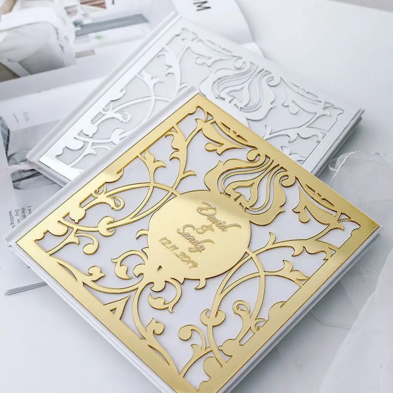 

Personalized Mirror Gold Silver Wedding Guest Book Floral Hollow Acrylic Wedding Guestbook Wedding Album Custom Guest Book