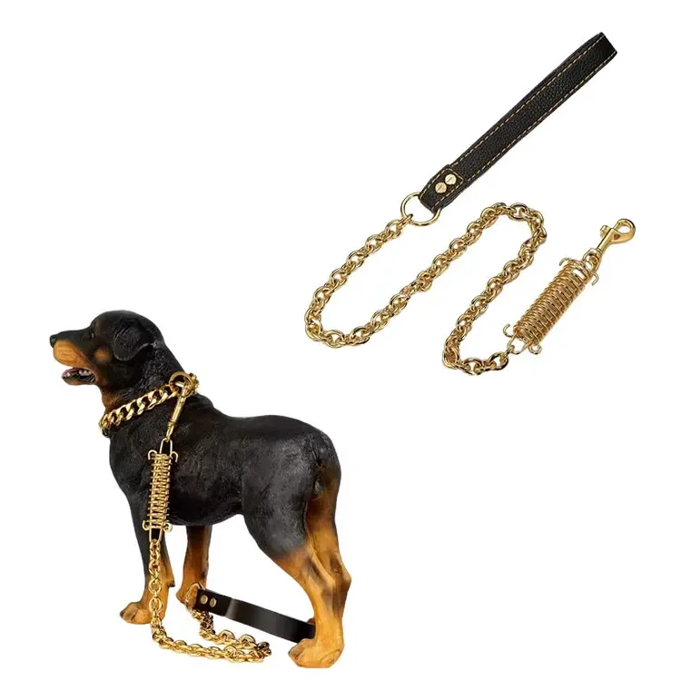 Luxurious Walking Dog Golden Chain Stainless Steel Traction Leather Handle Traction Collar Pet Dog Leash Harness