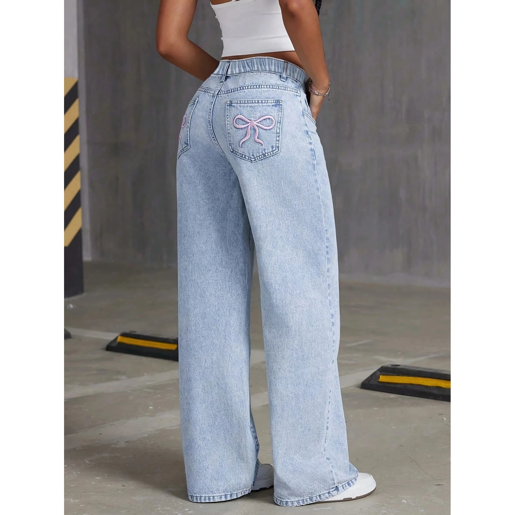 

High Waist Straight Leg Denim Jeans for Girls with Embroidered Knots Cross-Border Sweet And Spicy Style Loose Long ...