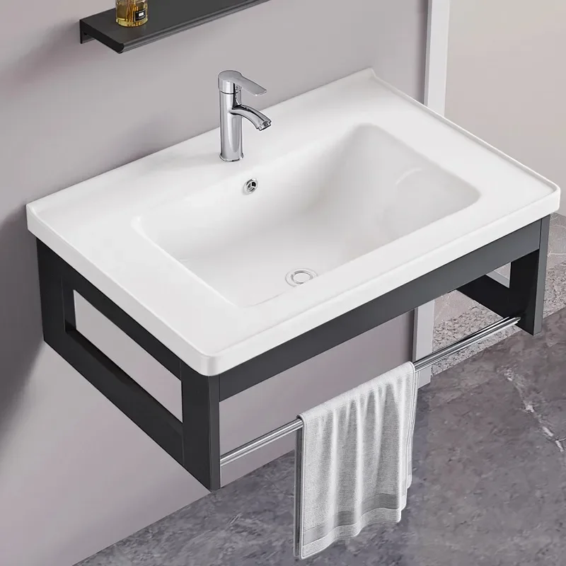 Wall Mounted Ceramic Washbasin with Aluminum Frame Compact Bathroom Sink Combo for Small Apartment Balcony Space Saving
