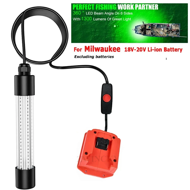 Underwater Fishing Light Compatible for Milwaukee 18V Battery LED Green Light for IP68 1300 Lumens Fish Attracting Night Fishing