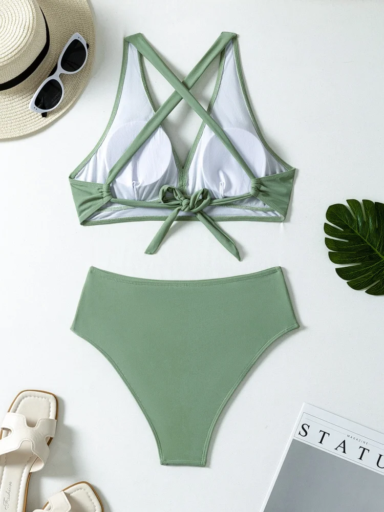 Bikini Women Swimsuit 2026 New Solid Sling V Neck Bikinis Set Sexy High Waist Swimwear Summer Beachwear Bathing Suit For Female