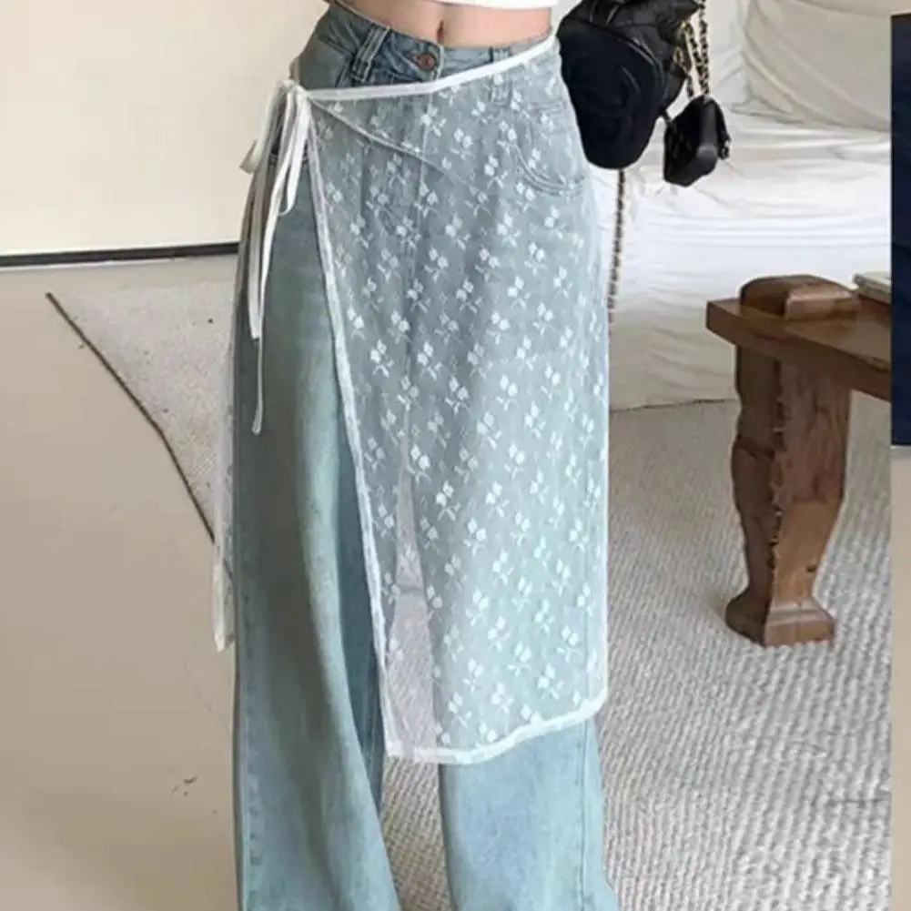 Y2K Blogger Lace Layered Gauze Apron Skirt with Matching Lace Up Pants Trendy Streetwear Wrap Skirt for a Spicy Stacked Look