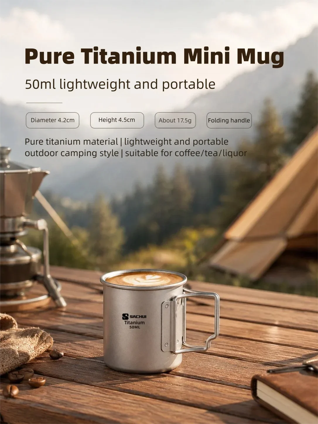 50ml Reiner Titan Mini Outdoor Ultraleichter Tragbarer Tee- und Kaffeebecher mit Klappgriff Camping-Wasserbecher Wander-Reise-Geschirr – Detail 1