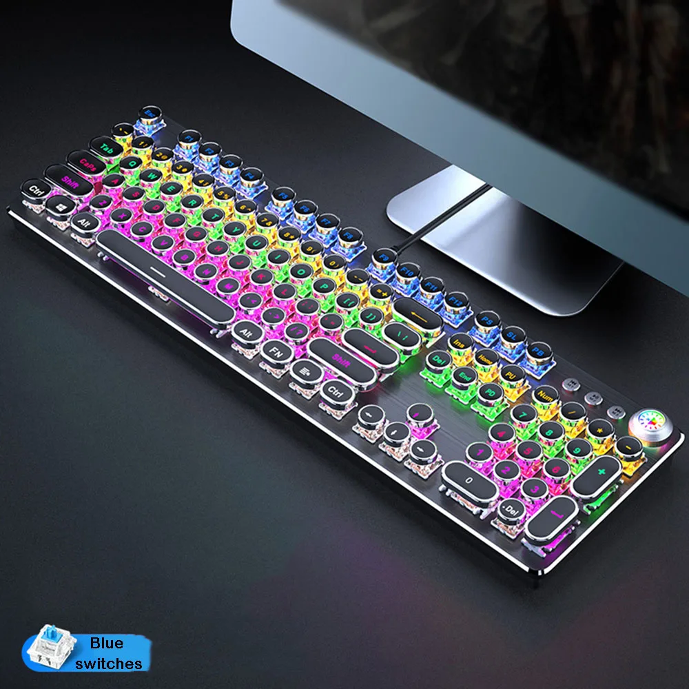 Typewriter Style Mechanical Keyboard, 104-Key Wired Backlit LED with Media Control Knob for Windows/Mac/PC