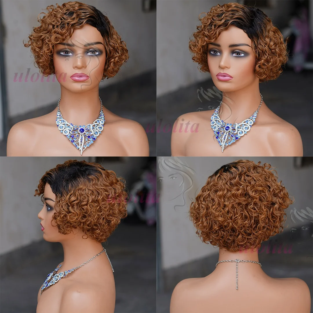 Ombre Blonde T1B27 Pixie Cut Kurzer Lockiger Bob Seitenscheitel Ohne Lace Front 100% Echthaar Perücken Brasilianisches Remy Haar Gefärbte Alltagsperücken – Detail 8