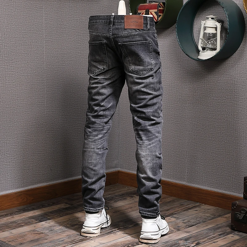 Italian Style Fashion Men Jeans High Quality Retro Black Gray Elastic Slim Ripped Jeans Men Vintage Designer Denim Pants Hombre