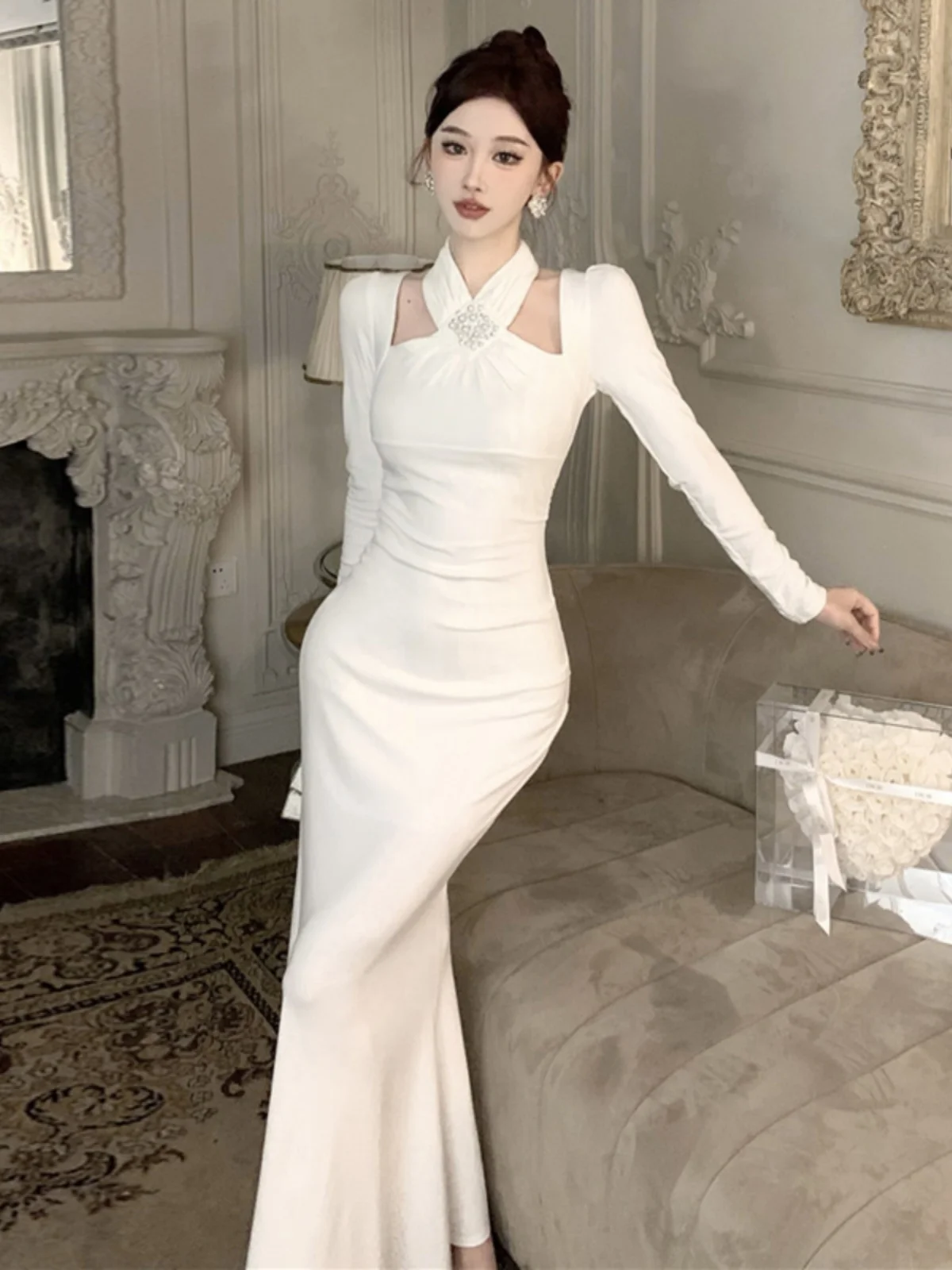 

French Elegant Heavy-duty Beaded Hollow-out Bodycon Mermaid Dresses For Women Slim-fit Socialite-style Party Evening Dress Gown