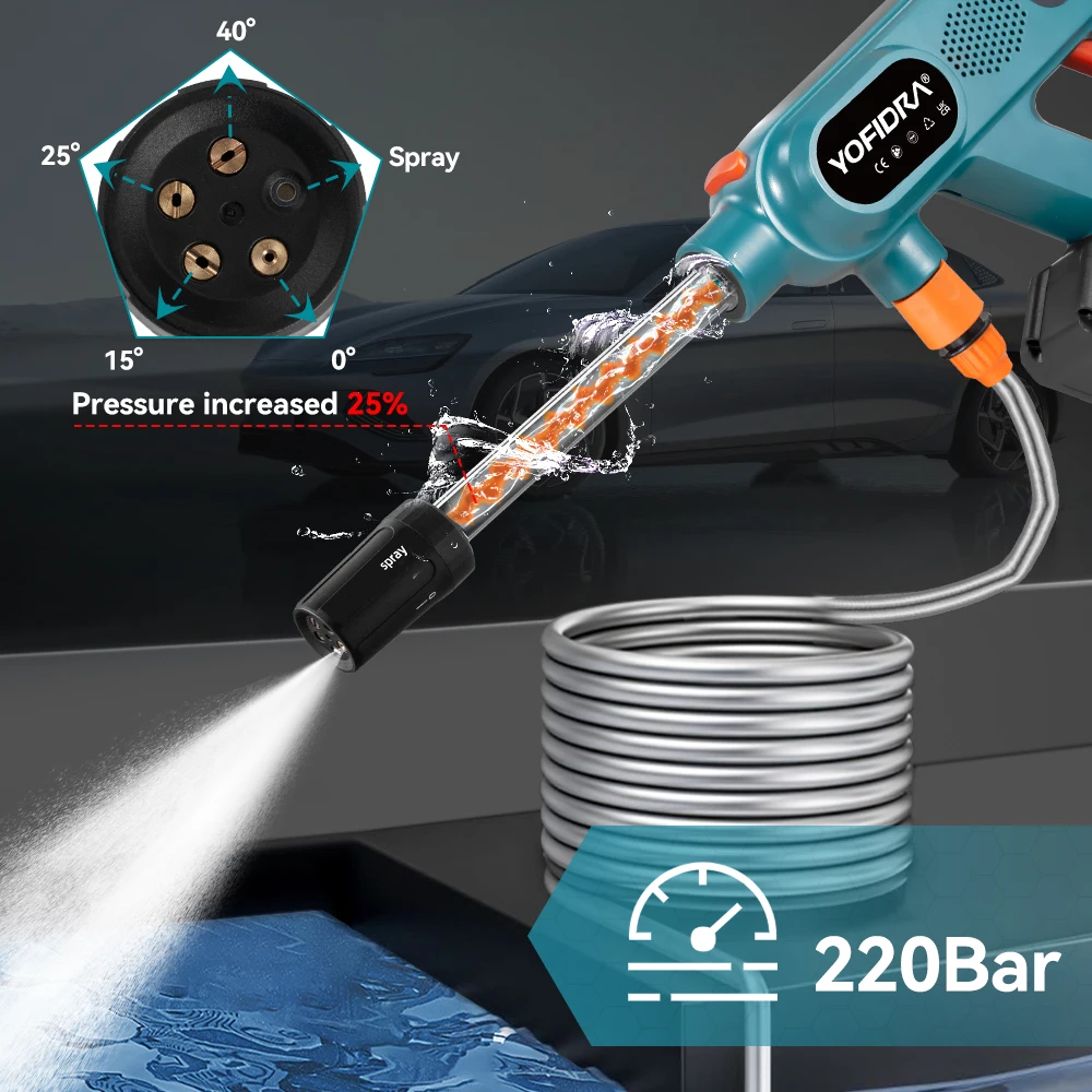 YOFIDRA 220Bar Brushless Electric High Pressure Washer Gun 3 Gear Home Car Washing Water Spray Gun For Makita 18V Battery Pin