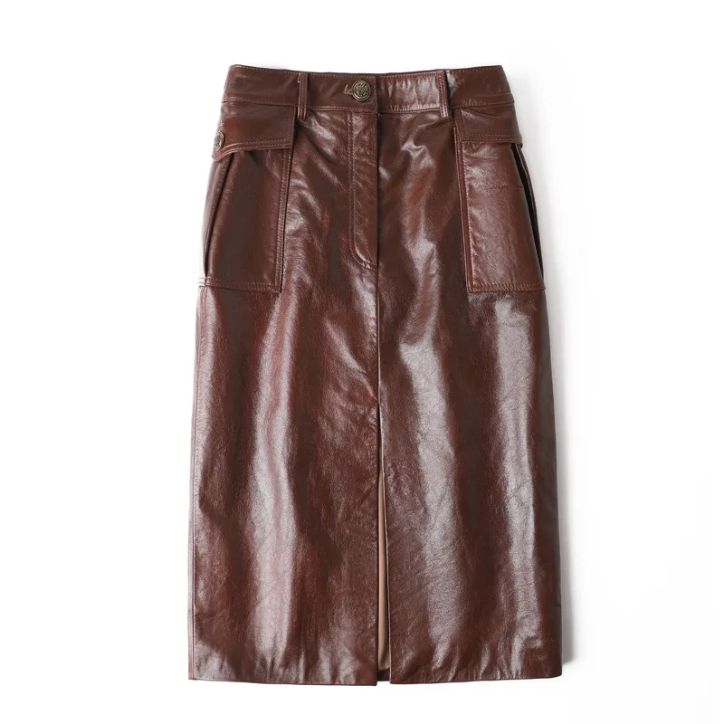 Retro Waxed Cowhide Women's Real Leather Skirts 2025 Fall Fashion Split Female Casual Cargo Pocket Mid-length Package Hip Skirts