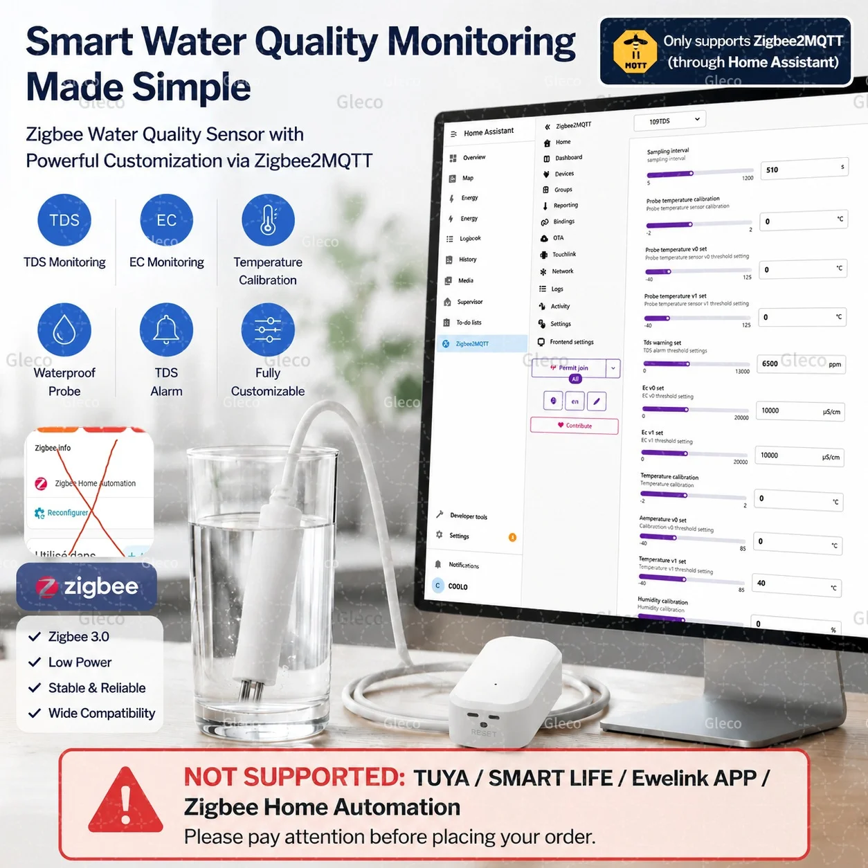 7in1 Zigbee Wasserqualitätssensor Temperatur- und Feuchtigkeitsmesser TDS EC Salzgehalt SG Tester Hausautomation für Home Assistant 2MQTT – Detail 8