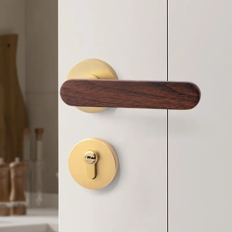 Magnetic Silent New Chinese Style Door Lock, Solid Wood Split Handle for Household Indoor Bedroom Doors