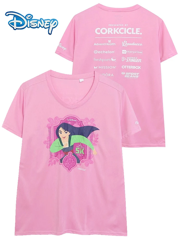 

Быстросохнущая футболка принцессы Мулан Диснея с буквенным мультяшным принтом, модная женская футболка с коротким рукавом и v-образным вырезом, пуловер, футболки, розовая уличная одежда