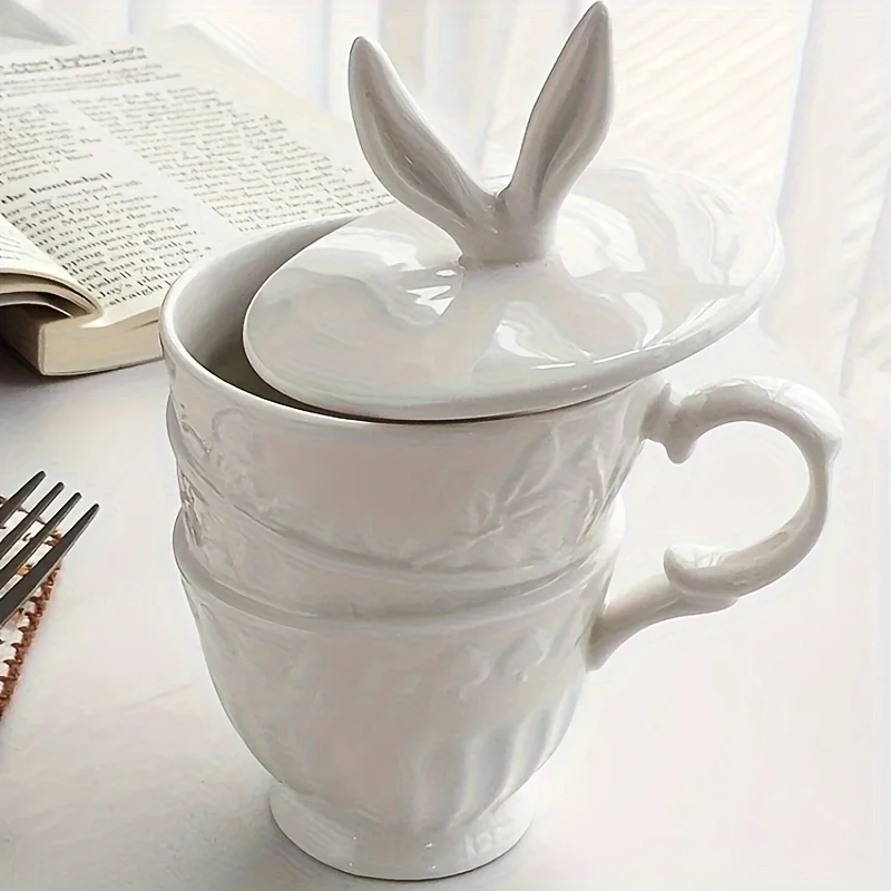 

Charming Rabbit Ears Ceramic Mug Insulated Coffee & Milk Cup with Lid and Handle Microwave Safe Perfect for Afternoon Tea