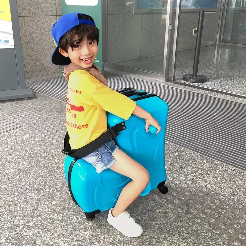 new Kids Riding Trojanl Luggage Hot Boys Girls Travel Trolley Alloy Children Sitting Rolling Luggage Suitcase Spinner Wheels