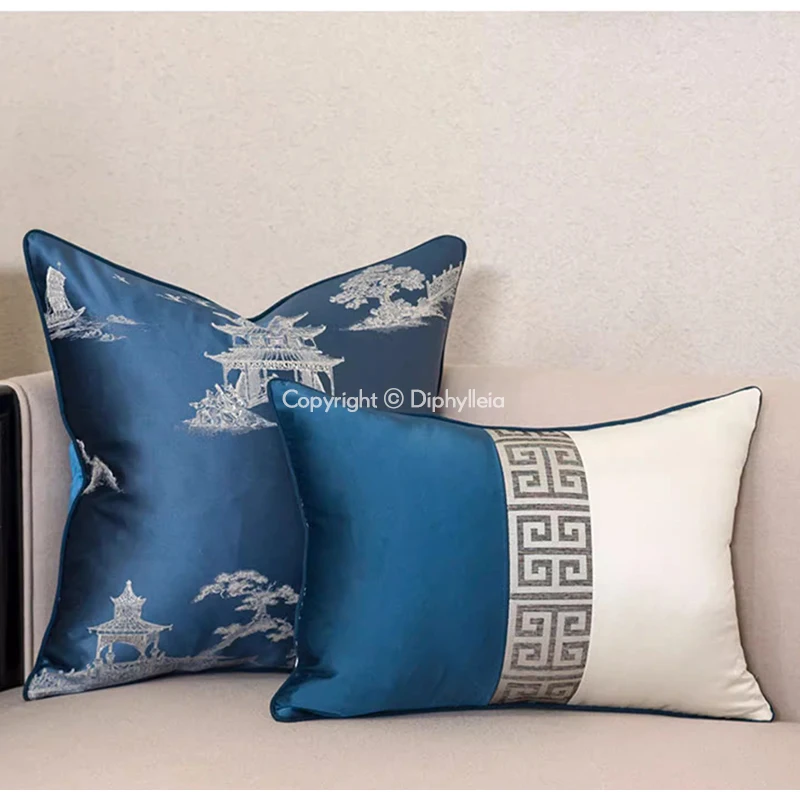 Diphylleia Chinese Landscape Pagoda Jacquard Pillow Cover High Density Silk Decorative Cushion Case Luxury Coussin 45x45cm Blue