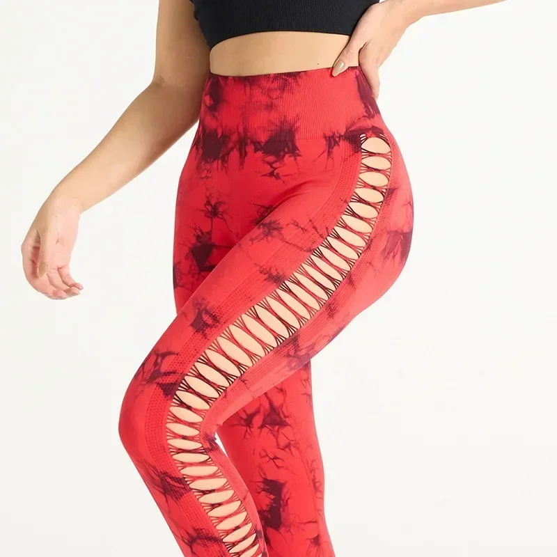 Calções de yoga confortáveis calças de cintura alta das mulheres tie dye oco para fora com malha lateral sexy sem costura leggings de fitness para treinos esportivos