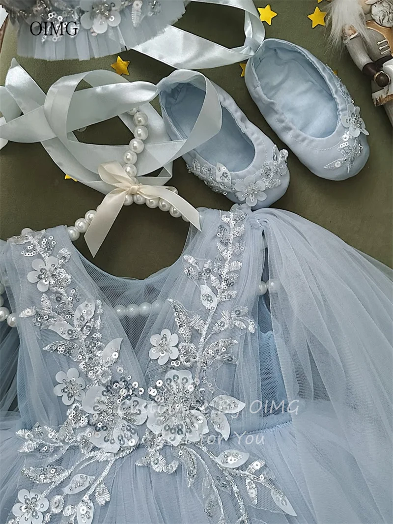 OIMG Sky Blue A-line Flower Girl Dresses 3D Flowers-detailed Mesh Wedding Party Gown Knee Length Birthday Dress niñas Customized